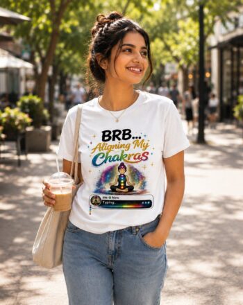 Smiling woman on a sunny street wearing a white T-shirt that reads 'BRB... Aligning My Chakras,' holding an iced coffee.