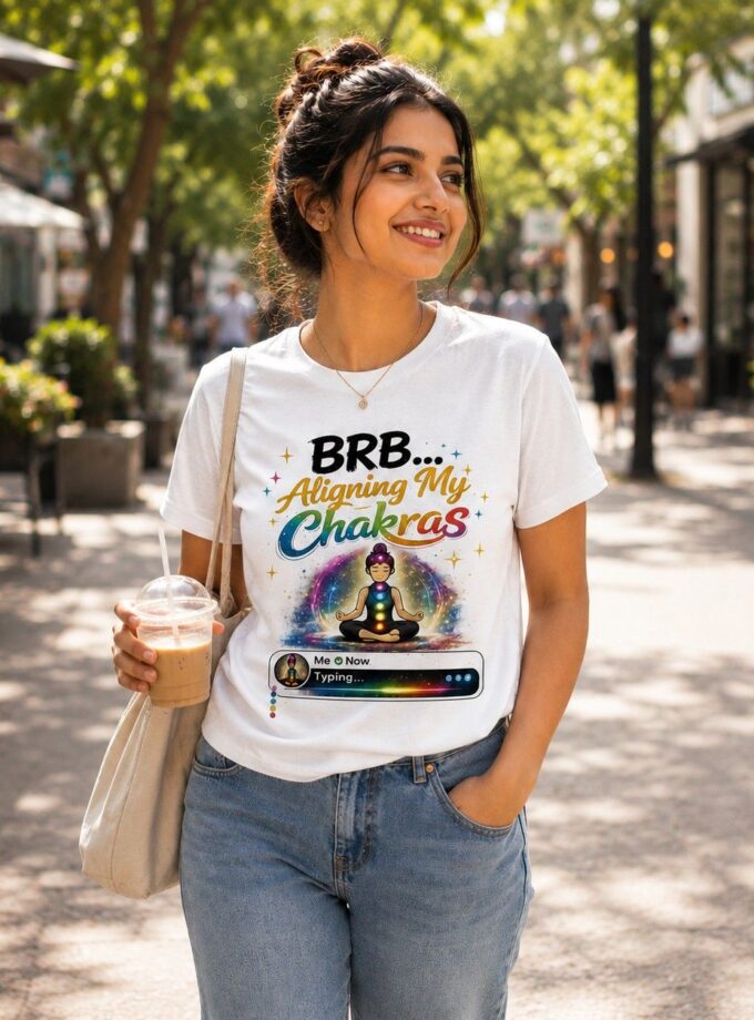 Smiling woman on a sunny street wearing a white T-shirt that reads 'BRB... Aligning My Chakras,' holding an iced coffee.
