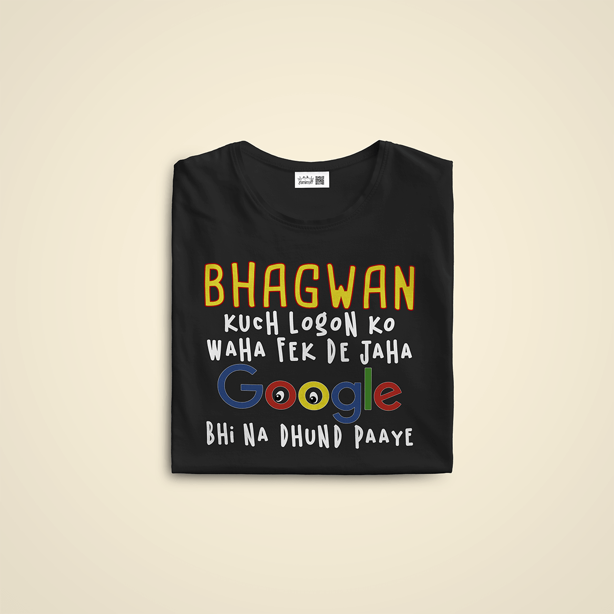 Black T-shirt with Hindi text: 'BHAGWAN' and a joke about God being hard to find—even Google can't.