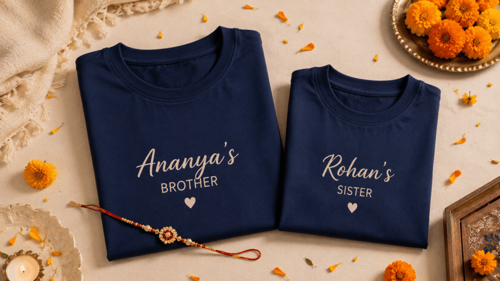 Two navy T-shirts folded side by side reading 'Anaya's Brother' and 'Rohan's Sister' with a heart on each shirt.  - Hawabazi apnihawabanao