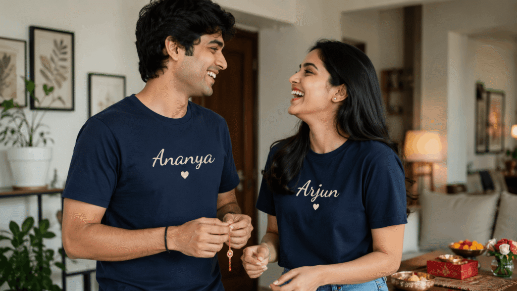 Sibling in matching navy shirts with the names Ananya and Arjun, smiling at each other while holding a pendant at home - Hawabazi apnihawabanao