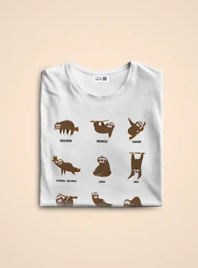 White T-shirt featuring brown cartoon sloths in various yoga poses with labels (Back Bend, Triangle, Chair, Extended Side Angle, Lotus, Tree).
