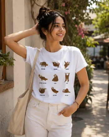 Smiling woman in white t-shirt with brown animal illustrations, standing outdoors with a beige tote bag