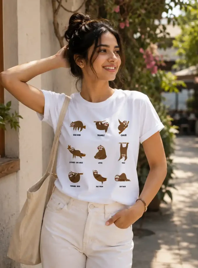 Smiling woman in white t-shirt with brown animal illustrations, standing outdoors with a beige tote bag