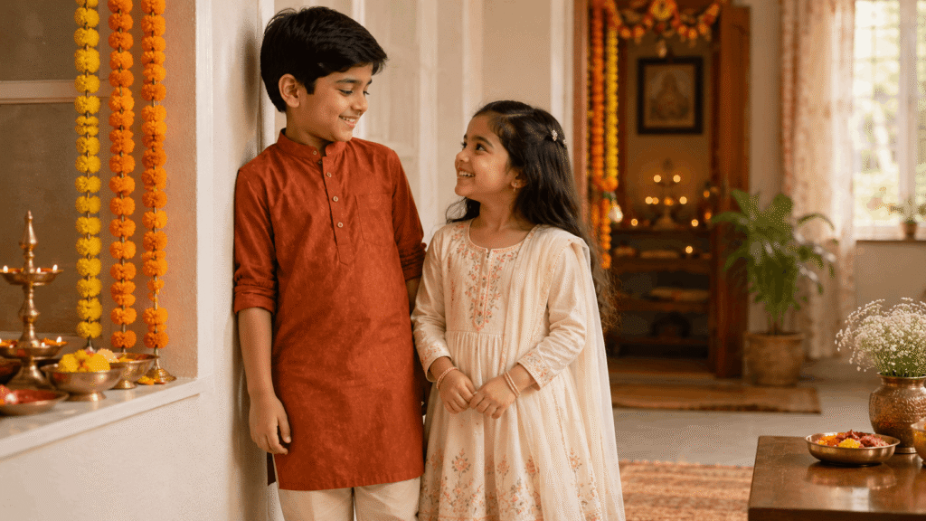 Two smiling Indian siblings in traditional outfits lean against a wall as marigold garlands decorate the space for a festival.  - Hawabazi apnihawabanao