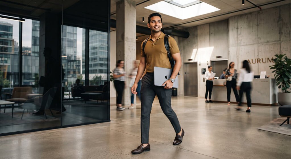 Indian man in a dark gold polo and charcoal trousers walking through an office lobby, ready for an unplanned meeting