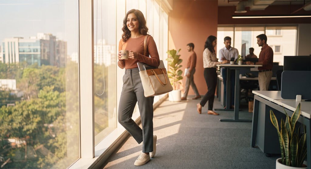 Indian woman in a rust full sleeve tee and straight trousers styled as a smart casual office outfit