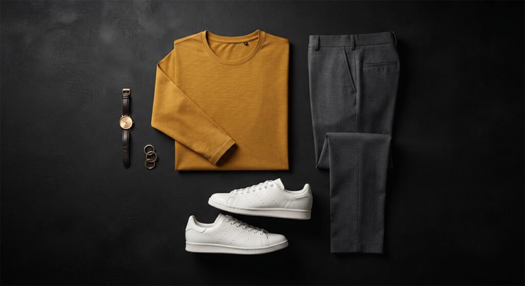 Smart casual Indian office outfit flat-lay with full-sleeve tee, trousers and sneakers