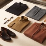 Flat lay of office outfit essentials including a black polo, rust shirt and grey bomber jacket on a cream background