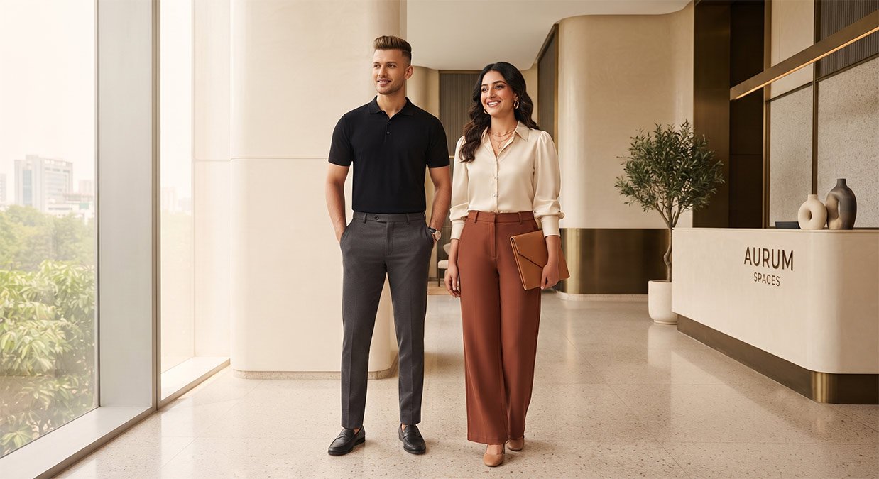 Smart office outfit ideas for Indian professionals - man in polo tee and woman in structured top at a modern workplace