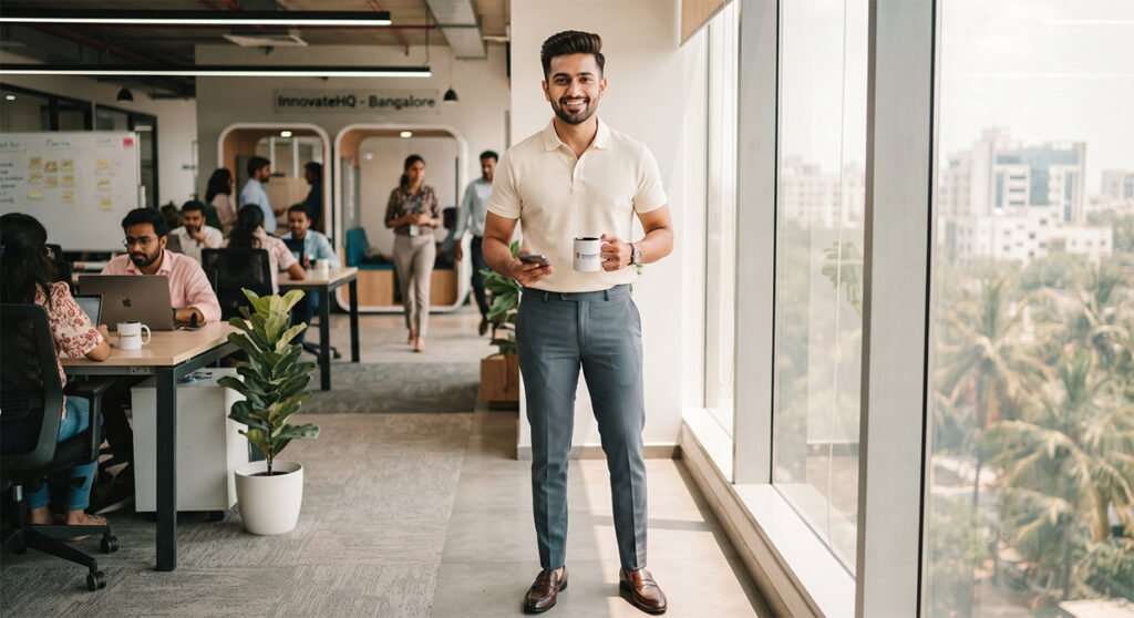 Young Indian professional in smart casual office outfit at a modern Bangalore workplace