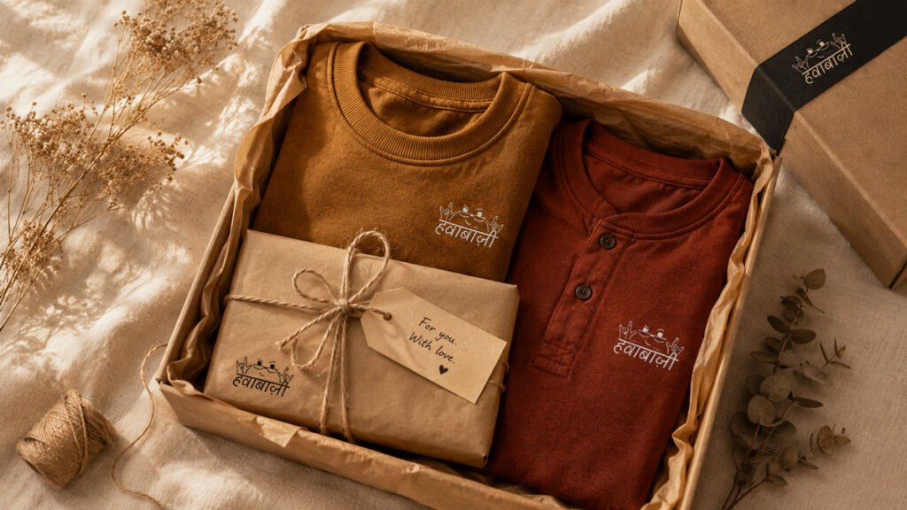 Custom gift hamper flatlay with folded clothing and kraft paper wrapping on cream linen - Hawabazi