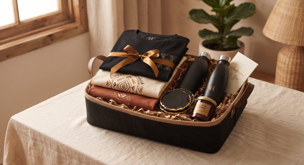 Custom-gift-hamper-with-personalised-printed-apparel-wrapped-in-dark-gold-ribbon-on-a-cream-linen-surface