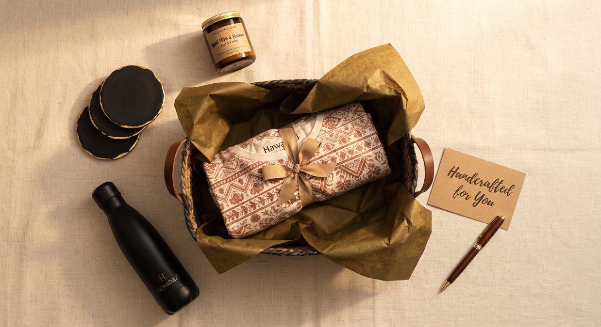 Custom-gift-hamper-with-printed-apparel,-dark-gold-tissue-paper-and-kraft-ribbon-on-a-cream-linen-surface