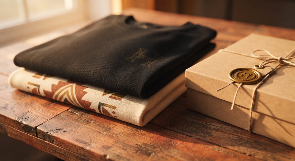 Custom printed Hawabazi t-shirts folded beside a kraft gift box and wax seal tag for a personalised hamper