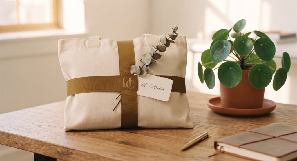 A custom-printed monogram tote bag on office desk, a thoughtful personalized birthday gift for colleagues Hawabazi