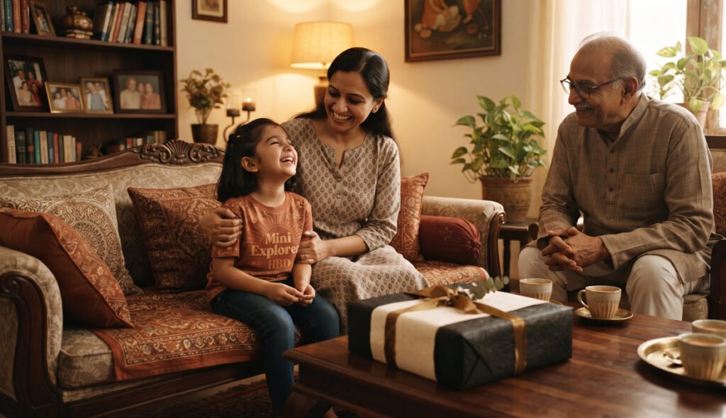 Indian family with child wearing a custom-printed rust tee, with a wrapped personalized birthday gift on the table