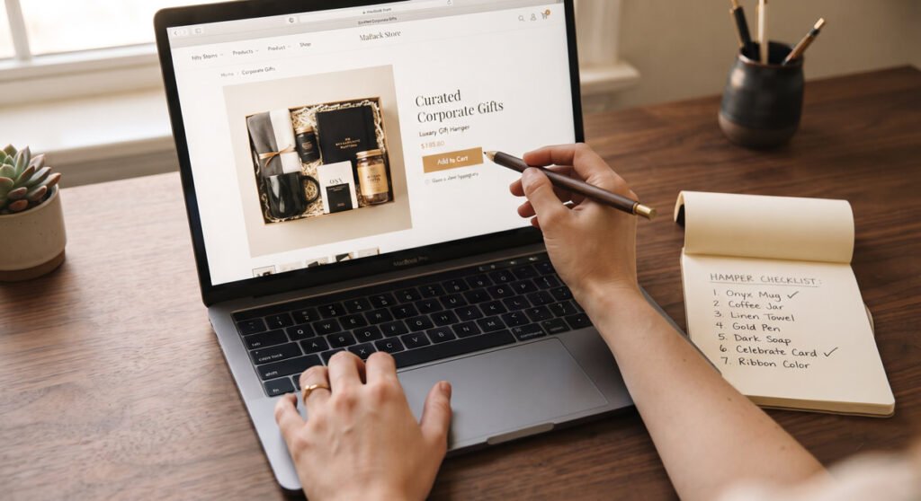 Person browsing Hawabazi website to place a custom hamper order with handwritten checklist nearby - hawabazi