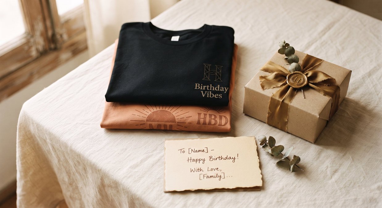 Personalized-birthday-gift-India-flat-lay-with-custom-printed-tees,-gift-box-and-card-in-black,-rust-and-gold-tones-Hawabazi