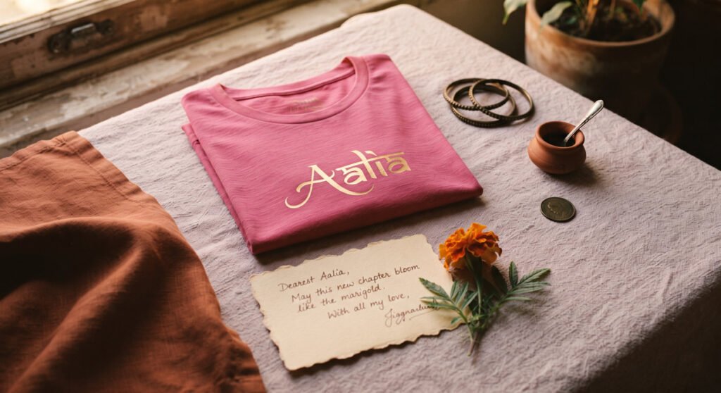Personalized birthday gift India flat lay with custom printed tees, gift box and card in black, rust and gold tones