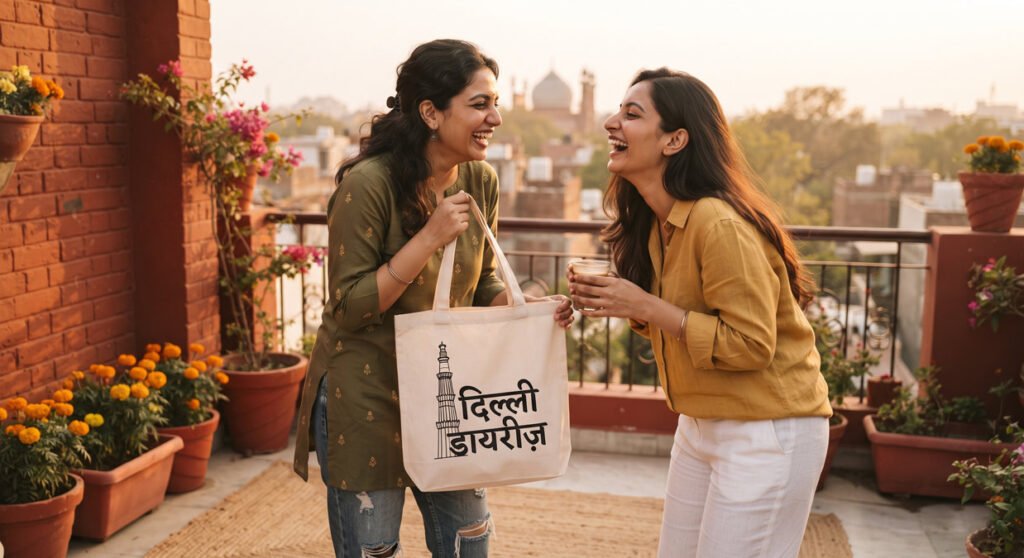 Two Indian friends sharing a personalized birthday gift custom tote bag Hawabazi