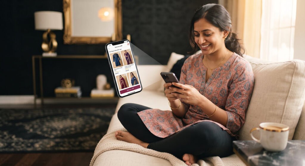 Young woman ordering a personalized birthday gift online from Hawabazi on her phone at home
