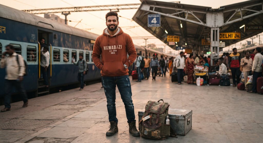 Actually dress for different climates, region by region in India 2 Indian woman in a rust hoodie at railway platform, region-wise guide to how to dress for different climates in India: Hawabazi