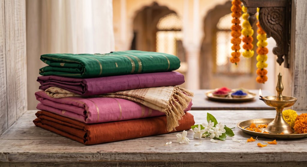 Plan Coordinated Family Outfits for Every Indian Festival 5 Coordinated Indian family festival outfits in green, pink, gold, and rust tones folded neatly on a wooden shelf Hawabazi