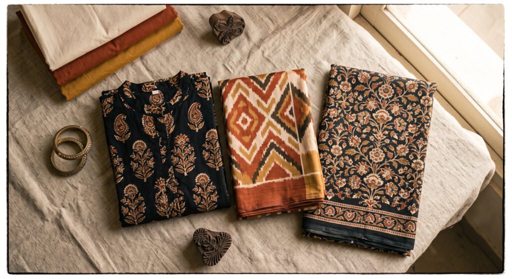 Mix Print Like a Pro: Indian Styling Guide by Hawabazi 2 Folded Indian block-print and ikat textiles in rust, cream, and gold tones arranged as a flat lay for print mixing inspiration Hawabazi