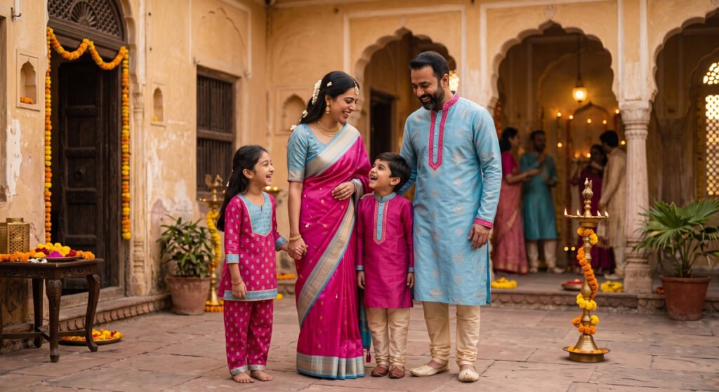 Plan Coordinated Family Outfits for Every Indian Festival 6 Indian family in coordinated festive outfits from Hawabazi celebrating together