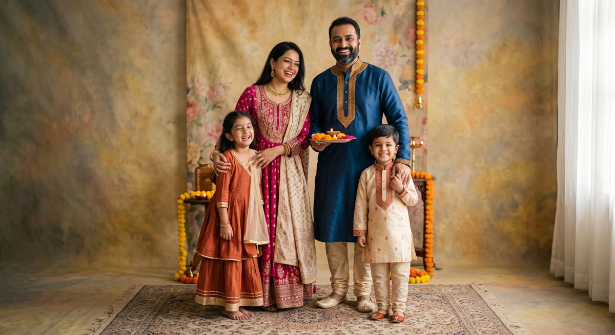 Indian family wearing coordinated family outfits for Indian festivals