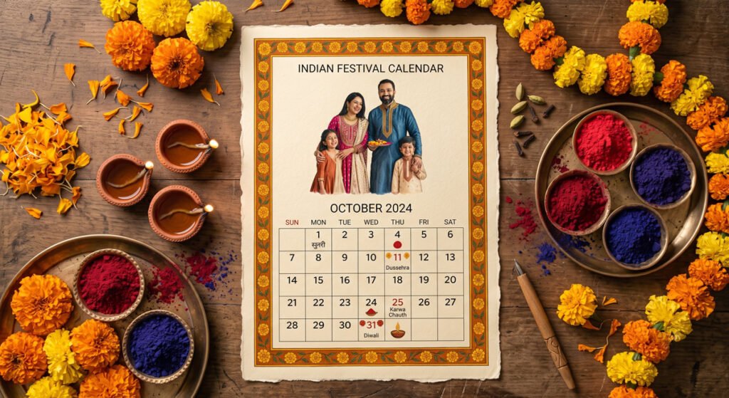 Plan Coordinated Family Outfits for Every Indian Festival 2 Indian festival calendar flat-lay with Hawabazi