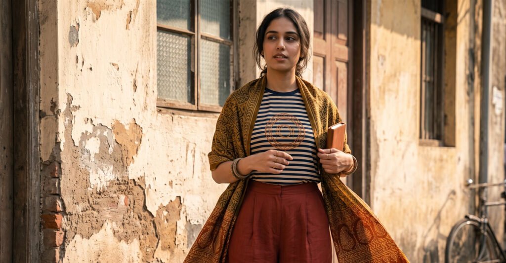 Mix Print Like a Pro: Indian Styling Guide by Hawabazi 5 Indian woman styling a block-printed stole over a striped graphic tee for a print-mixed street-style look Hawabazi