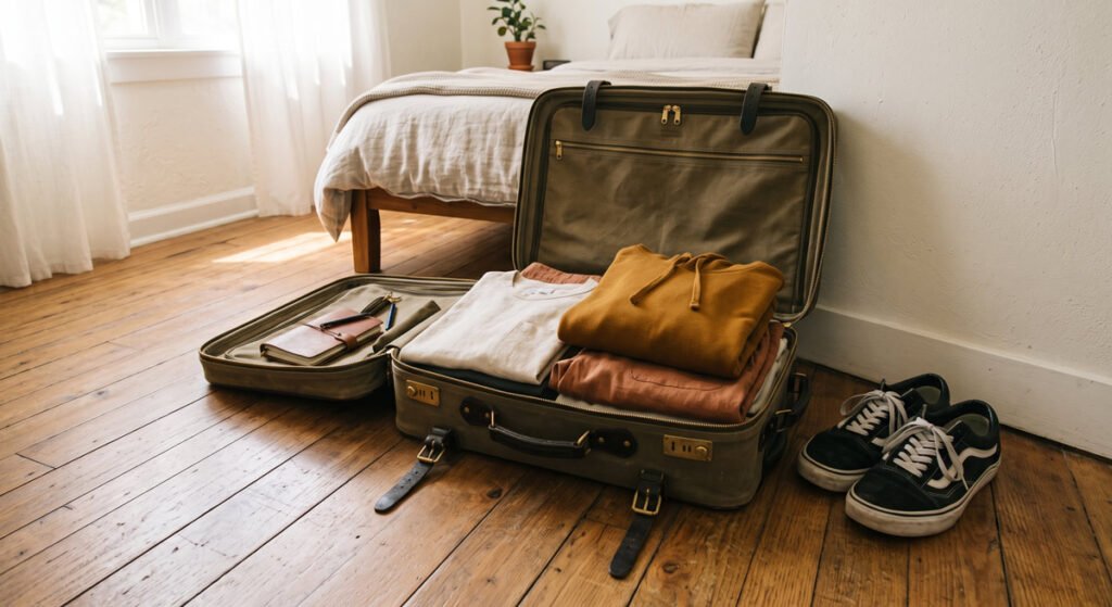 Actually dress for different climates, region by region in India 3 Open suitcase packed with clothes for different Indian climates, including a hoodie and light tee, on a wooden floor Hawabazi