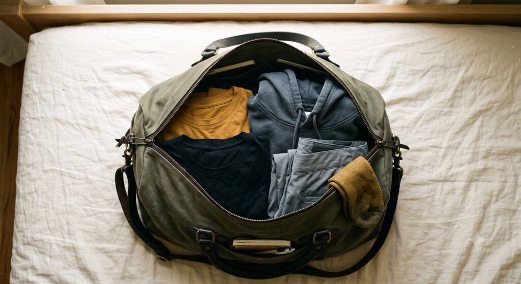 Actually dress for different climates, region by region in India 7 Open travel bag packed with layered clothing for a multi-climate trip across India, Hawabazi