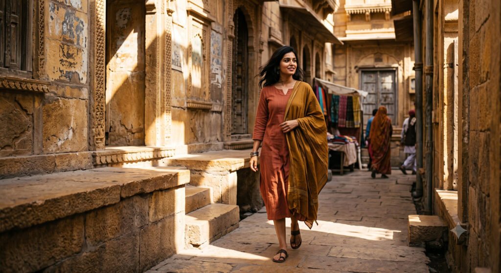 Actually dress for different climates, region by region in India 5 A woman in rust kurta and dupatta walking through a sunlit sandstone alley in a Rajasthan desert town, Hawabazi