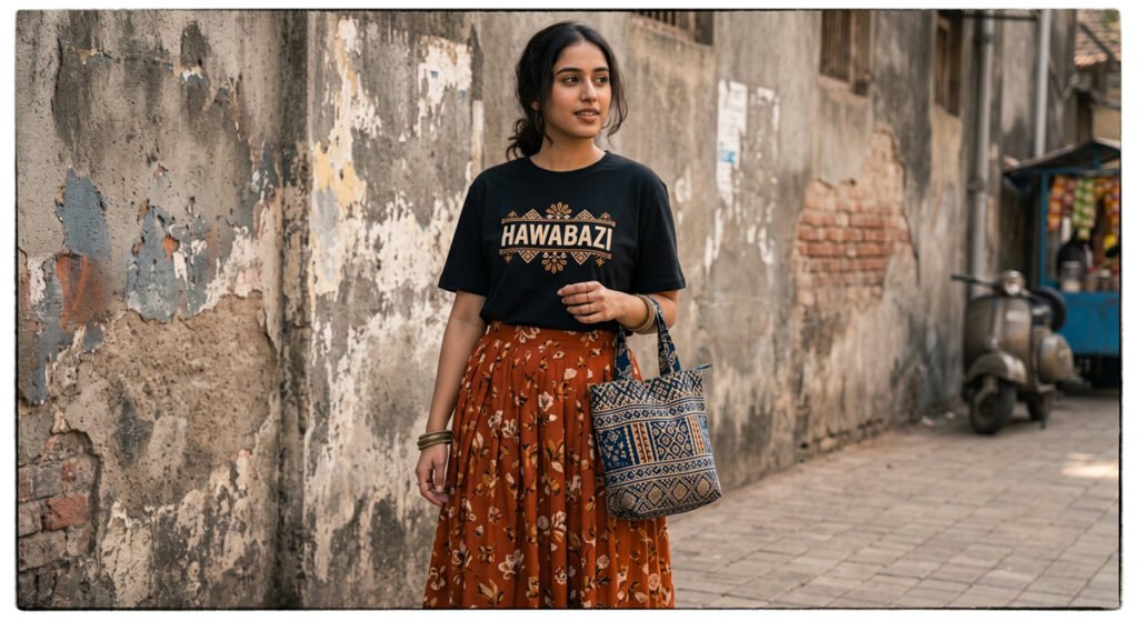 Mix Print Like a Pro: Indian Styling Guide by Hawabazi 4 A woman is styling a black graphic tee with a rust floral skirt and block-print bag as a print-mixing outfit on an urban street Hawabazi