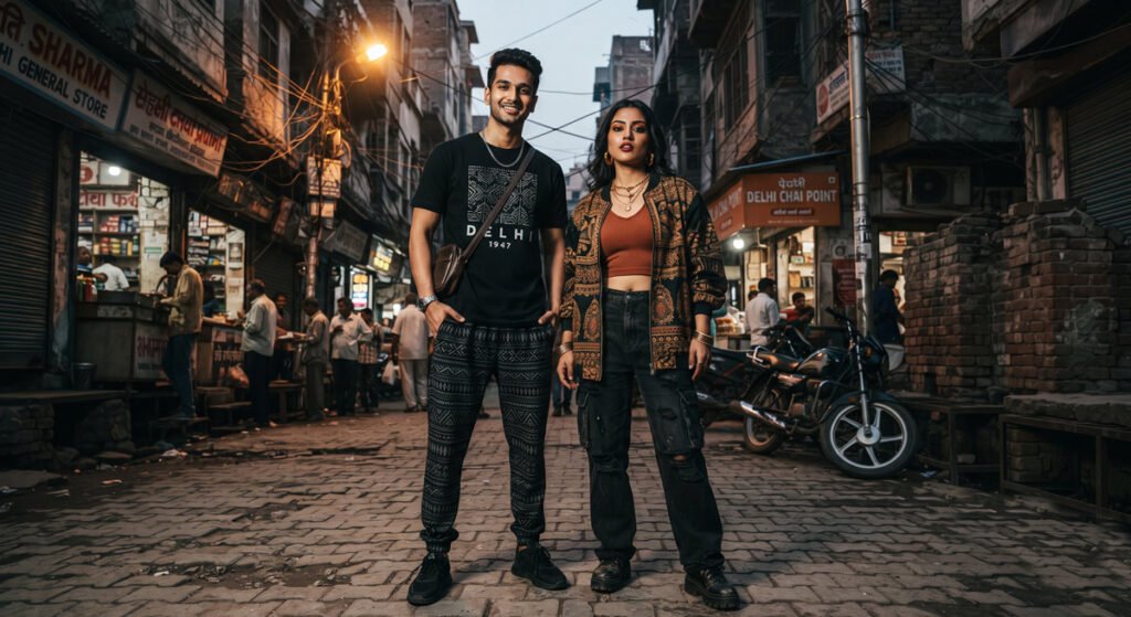 Mix Print Like a Pro: Indian Styling Guide by Hawabazi 6 Young Indian couple mixing streetwear silhouettes with Indian print pieces on a New Delhi street Hawabazi