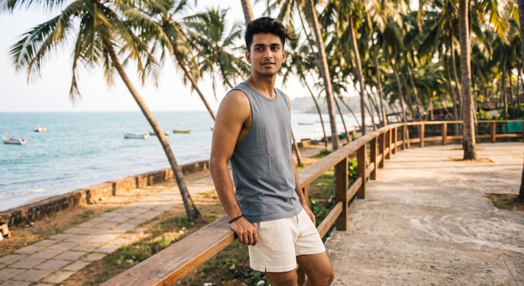 Actually dress for different climates, region by region in India 4 Young Indian man in lightweight sleeveless tee and shorts on a coastal promenade in a humid coastal city Hawabazi