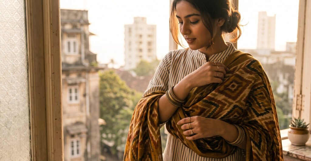 Mix Print Like a Pro: Indian Styling Guide by Hawabazi 3 Young Indian woman layering a geometric stole over a striped outfit, demonstrating a key print mixing rule in natural light, Hawabazi