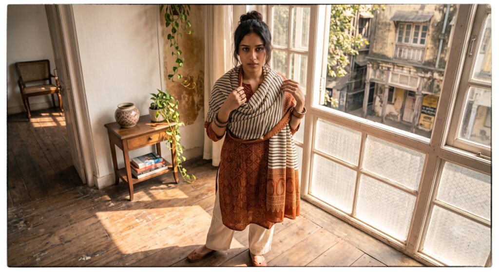 Mix Print Like a Pro: Indian Styling Guide by Hawabazi 7 Young Indian woman mixing geometric print kurta with striped stole, styled in warm sunlight for a confident casual look Hawabazi