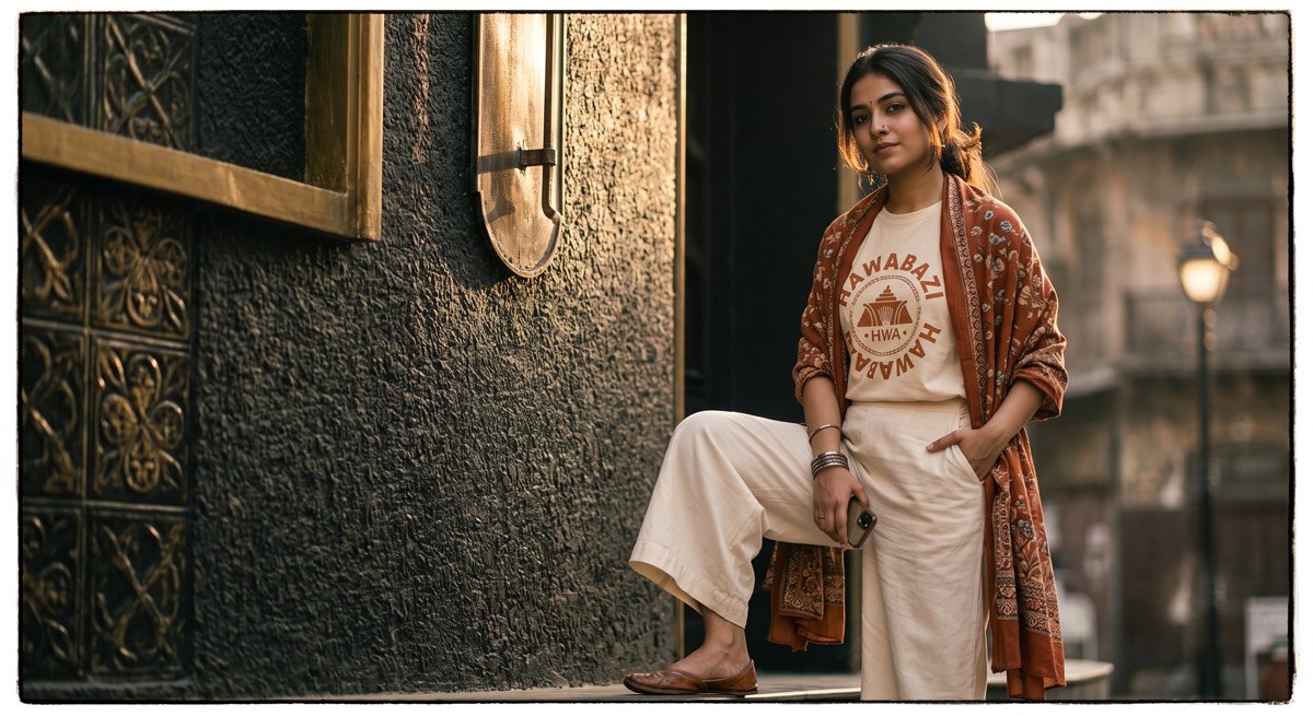 Young Indian woman styling mix print with a Hawabazi graphic tee and rust floral stole, a guide to how to mix prints and patterns in Indian fashion - Hawabazi