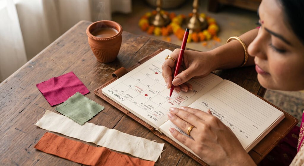 Plan Coordinated Family Outfits for Every Indian Festival 4 Woman planning festival outfit orders in a notebook with fabric swatches and chai on a wooden table Hawabazi